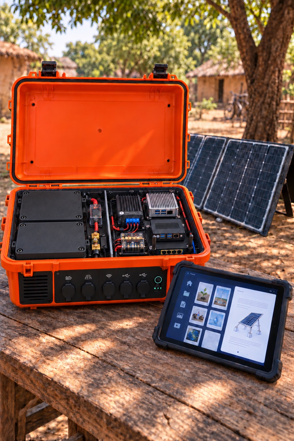 Concept of a portable orange Kuwala station beside a solar panel and a tablet showing its library.